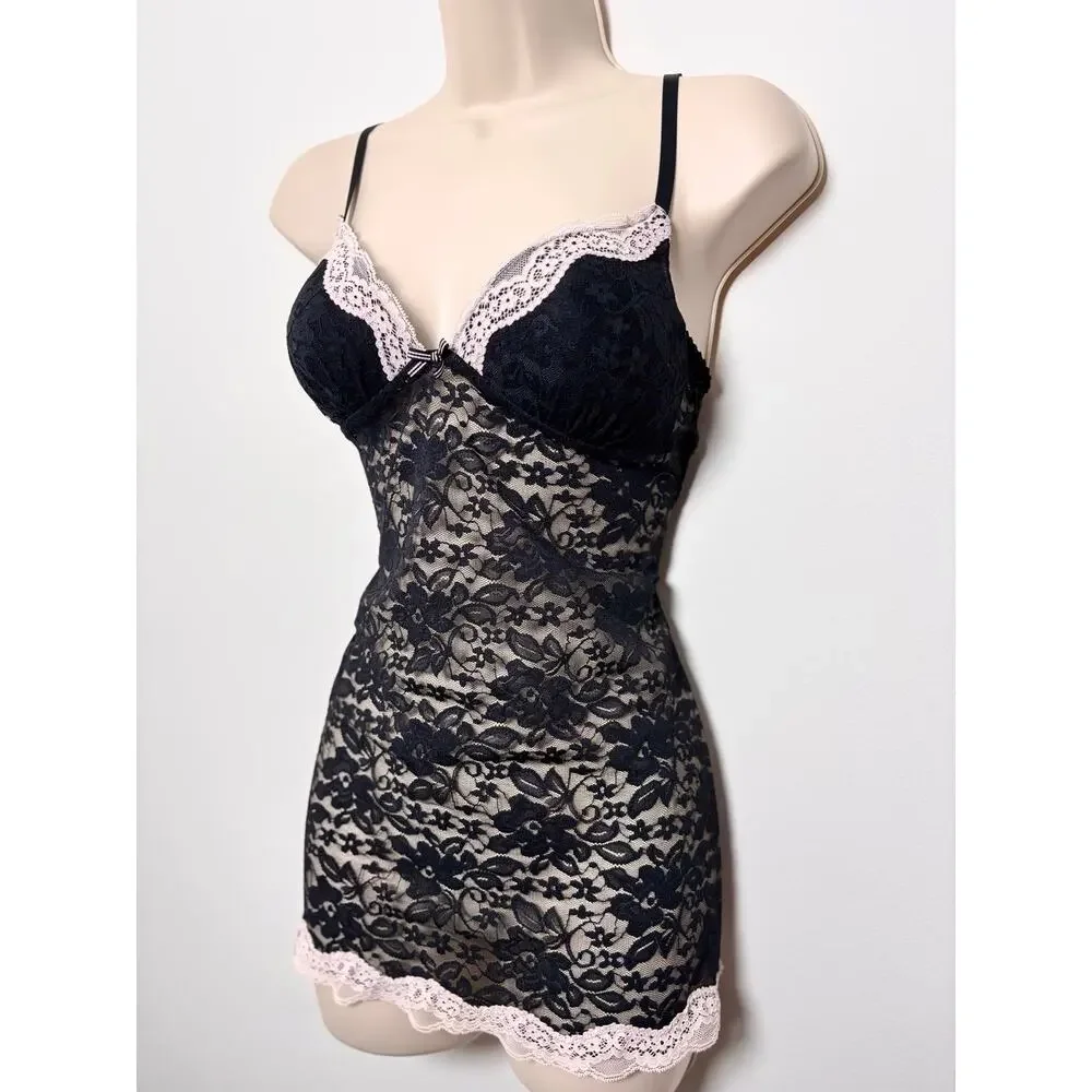 Gilligan & O’Malley Black Lace Bustier Cami Top Pale Pink Trim Sheer Lingerie - Picture 2 of 6